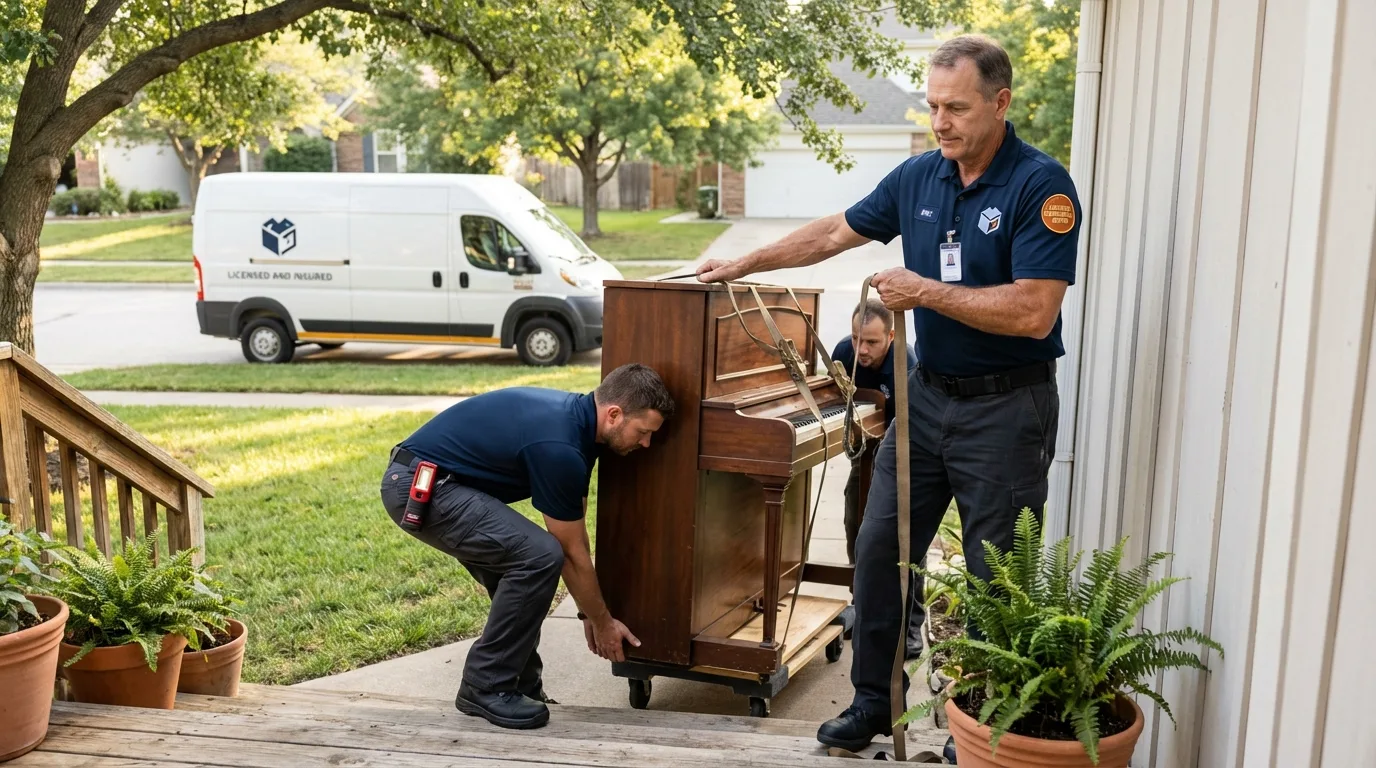 Licensed piano movers securing grand piano in Oliver Springs, TN