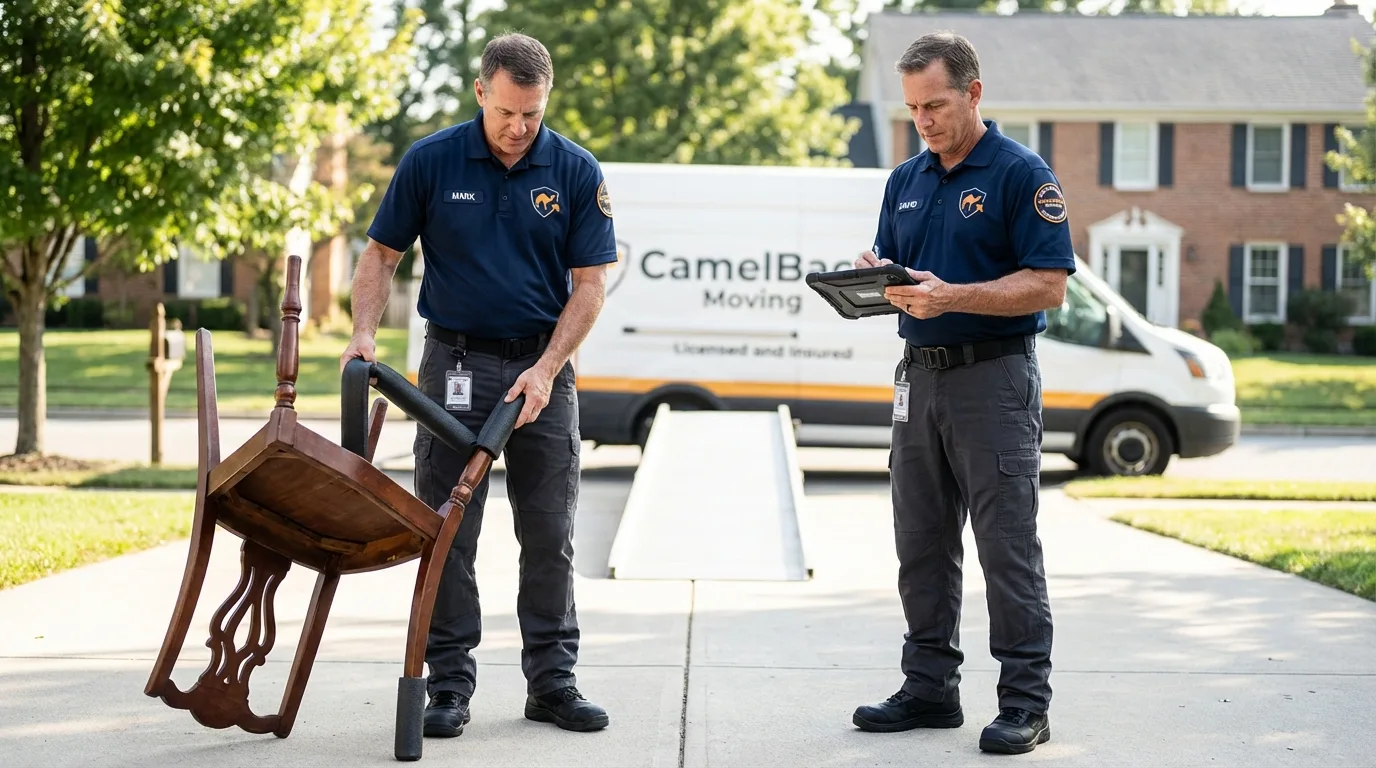 Movers inspecting furniture for damage prevention before loading in Oliver Springs, TN