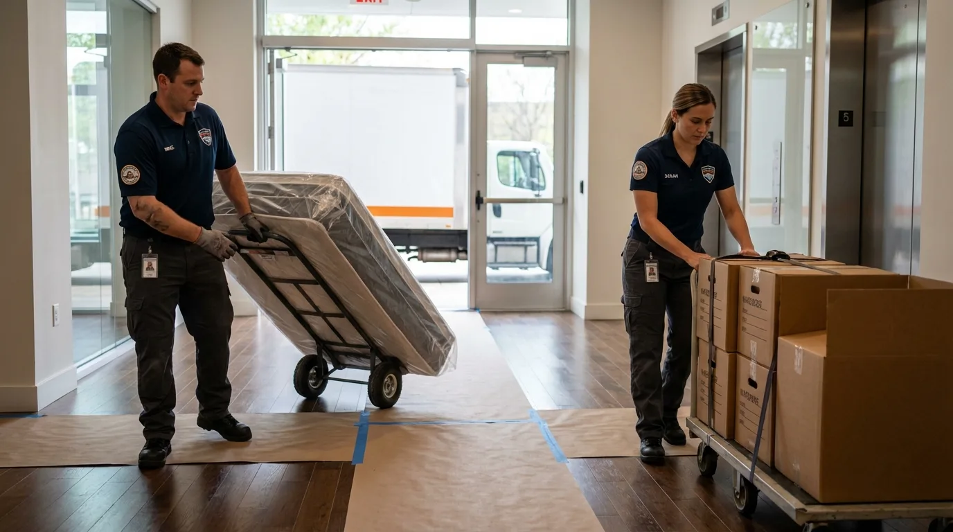 Professional apartment movers loading elevator in Oliver Springs, TN