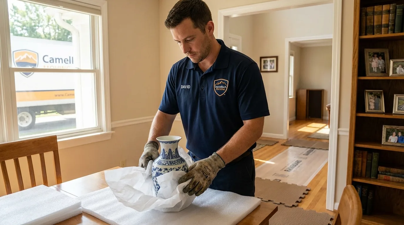 Professional crew carefully wrapping antique vase for senior downsizing move in Oliver Springs, TN